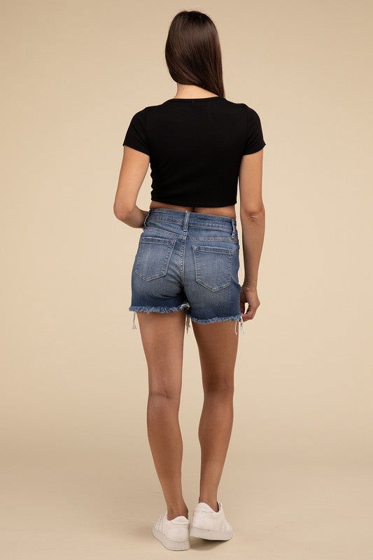 ZENANA Mid Rise Raw Frayed Hem Denim Shorts us.meeeshop - 