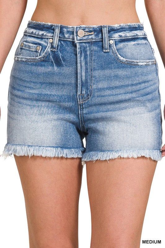 ZENANA Mid Rise Raw Frayed Hem Denim Shorts us.meeeshop - Shorts