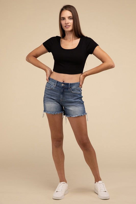 ZENANA Mid Rise Raw Frayed Hem Denim Shorts us.meeeshop - 