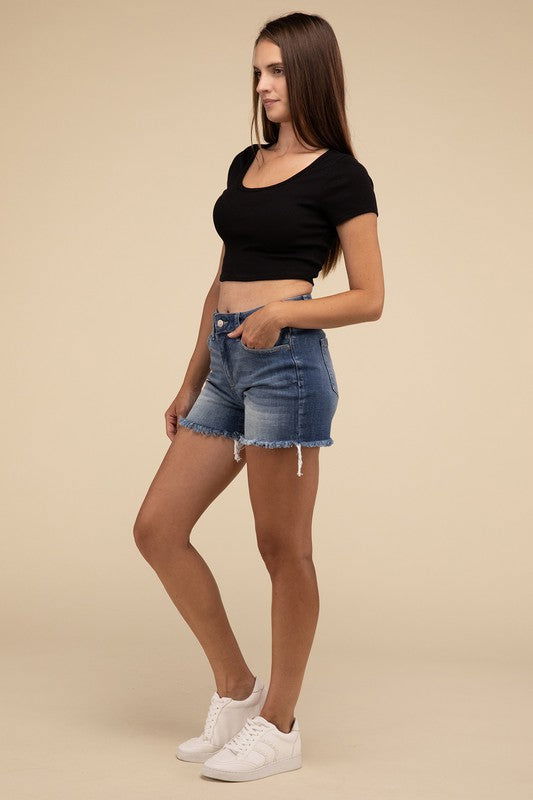 ZENANA Mid Rise Raw Frayed Hem Denim Shorts us.meeeshop - 