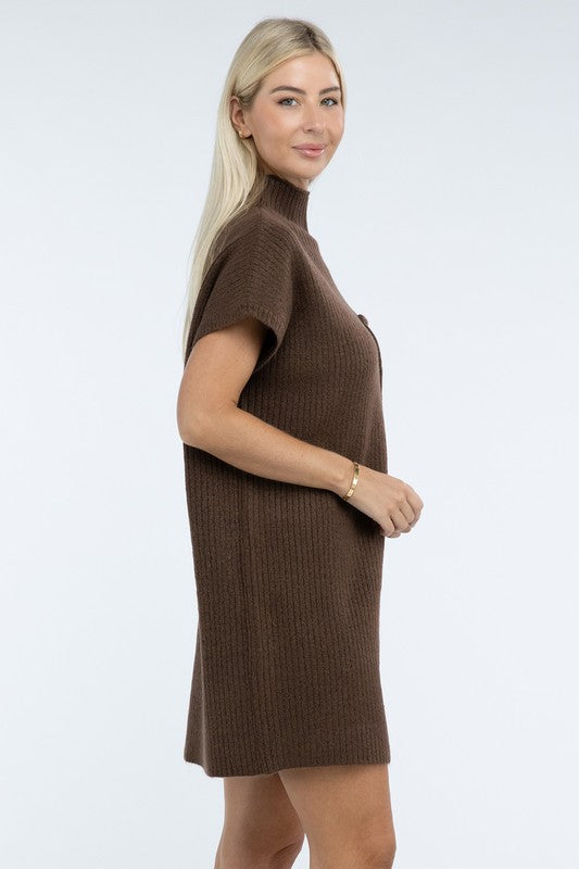 ZENANA Mock Neck Short Sleeve Sweater Dress with Pocket us.meeeshop - 