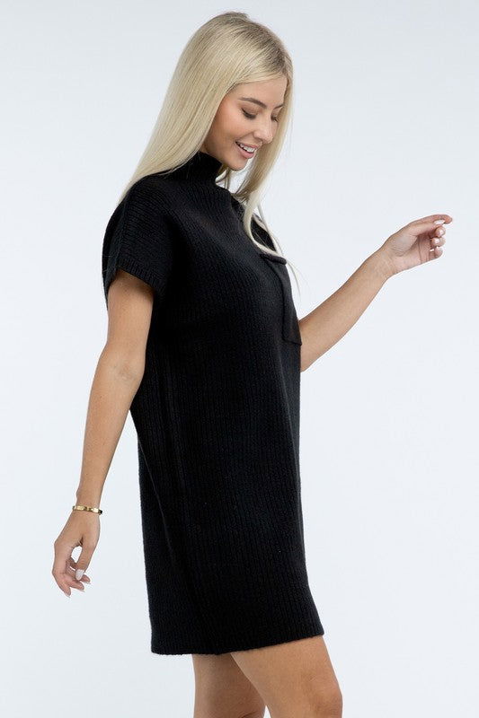 ZENANA Mock Neck Short Sleeve Sweater Dress with Pocket us.meeeshop - 