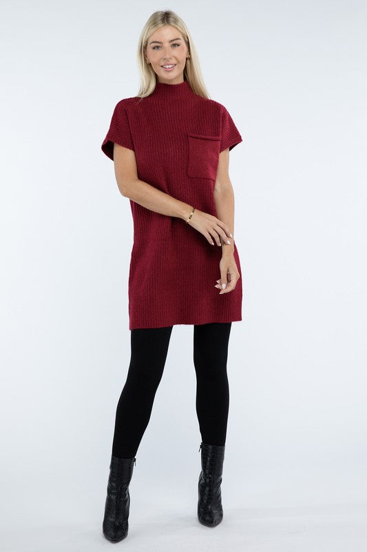 ZENANA Mock Neck Short Sleeve Sweater Dress with Pocket us.meeeshop - 