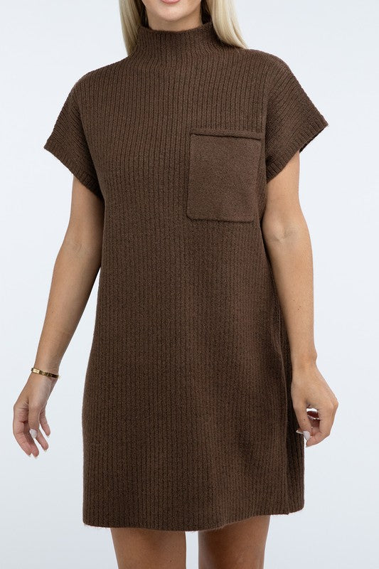 ZENANA Mock Neck Short Sleeve Sweater Dress with Pocket us.meeeshop - 