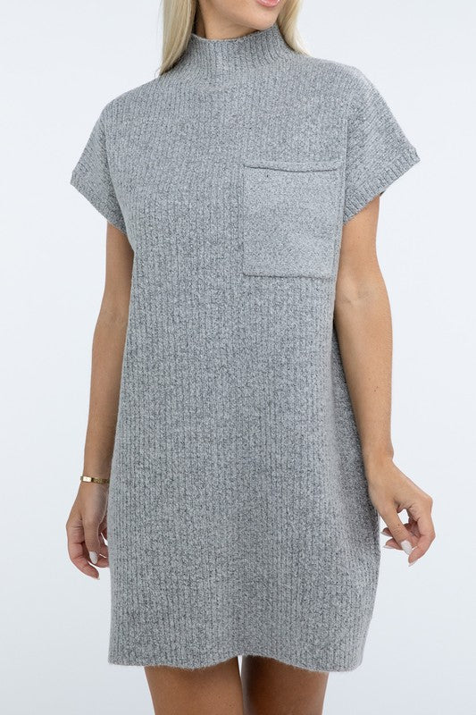 ZENANA Mock Neck Short Sleeve Sweater Dress with Pocket us.meeeshop - 