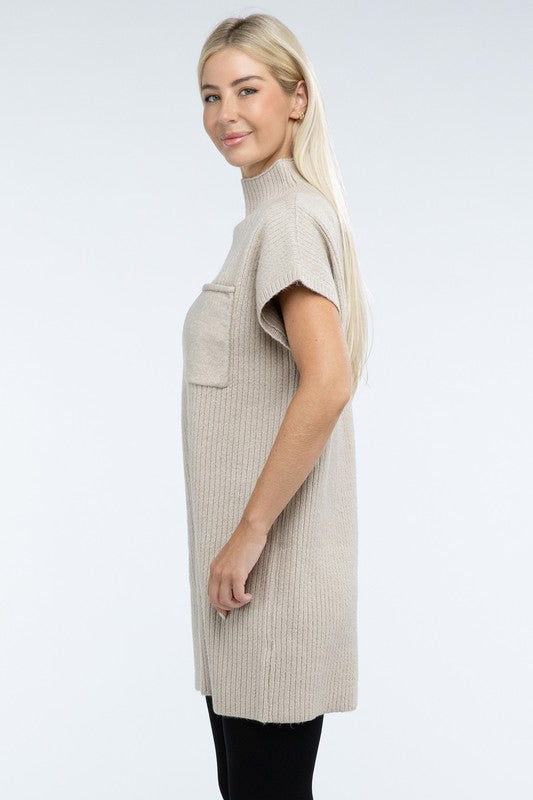 ZENANA Mock Neck Short Sleeve Sweater Dress with Pocket us.meeeshop - 