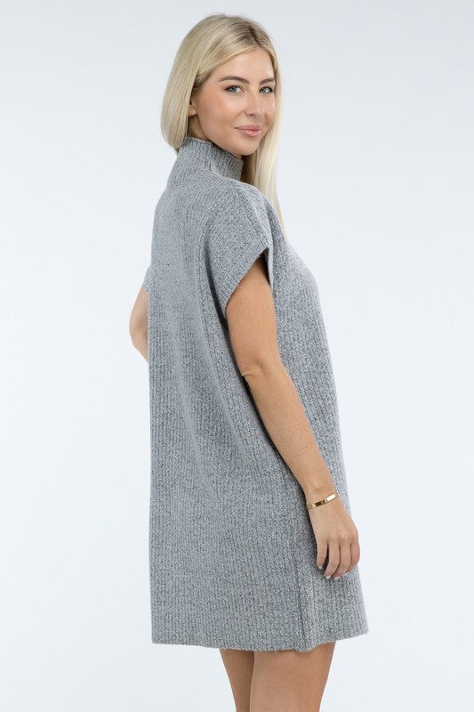 ZENANA Mock Neck Short Sleeve Sweater Dress with Pocket us.meeeshop - 