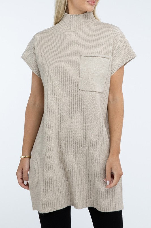 ZENANA Mock Neck Short Sleeve Sweater Dress with Pocket us.meeeshop - 