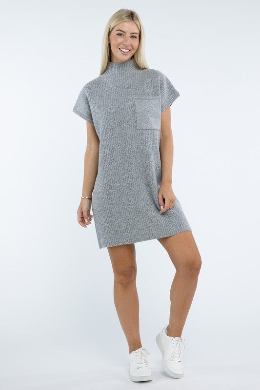 ZENANA Mock Neck Short Sleeve Sweater Dress with Pocket us.meeeshop - 