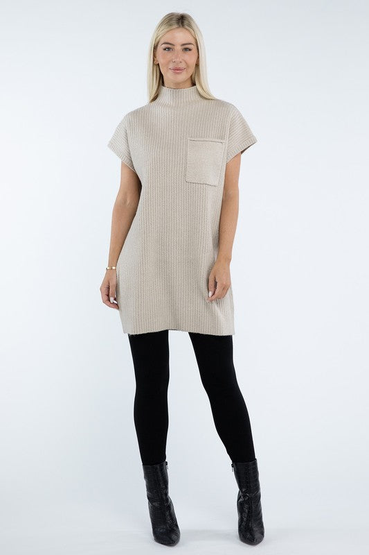 ZENANA Mock Neck Short Sleeve Sweater Dress with Pocket us.meeeshop - 