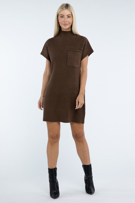 ZENANA Mock Neck Short Sleeve Sweater Dress with Pocket us.meeeshop - Dresses