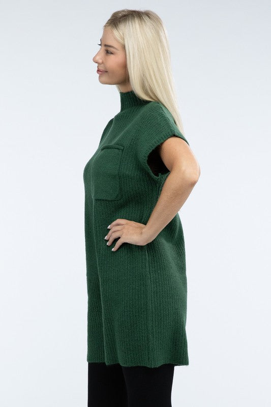 ZENANA Mock Neck Short Sleeve Sweater Dress with Pocket us.meeeshop - 