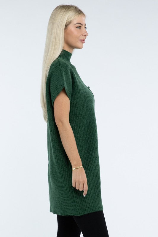 ZENANA Mock Neck Short Sleeve Sweater Dress with Pocket us.meeeshop - 