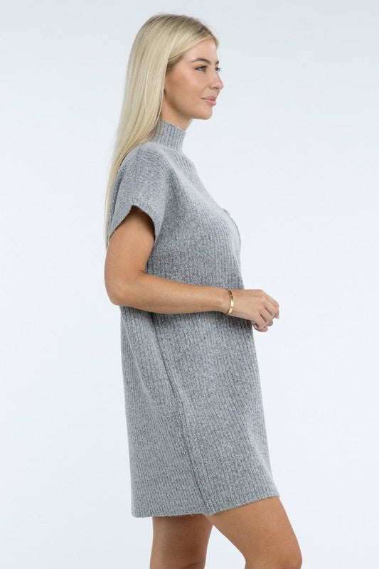 ZENANA Mock Neck Short Sleeve Sweater Dress with Pocket us.meeeshop - 