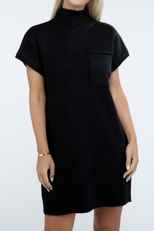 ZENANA Mock Neck Short Sleeve Sweater Dress with Pocket us.meeeshop - 