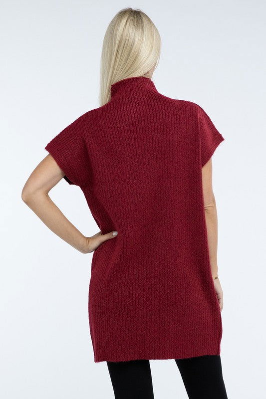 ZENANA Mock Neck Short Sleeve Sweater Dress with Pocket us.meeeshop - 