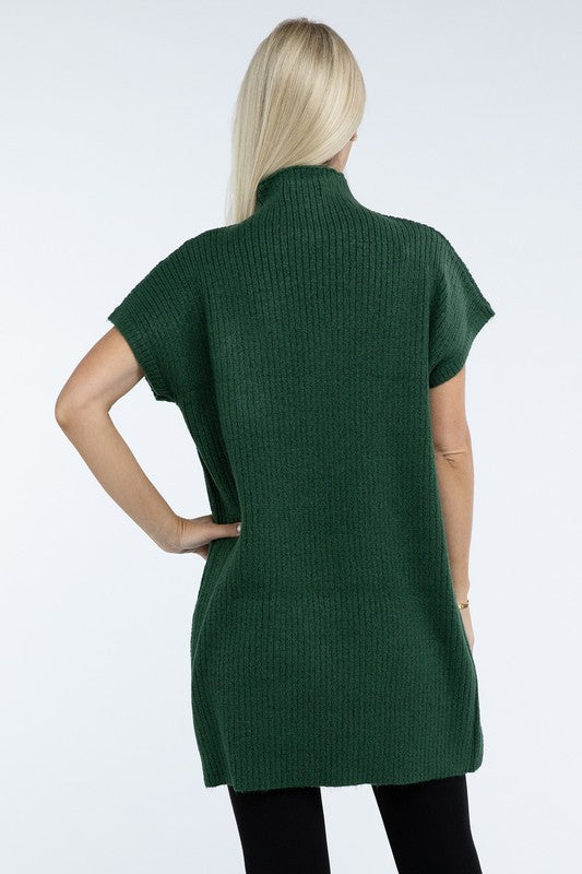 ZENANA Mock Neck Short Sleeve Sweater Dress with Pocket us.meeeshop - 