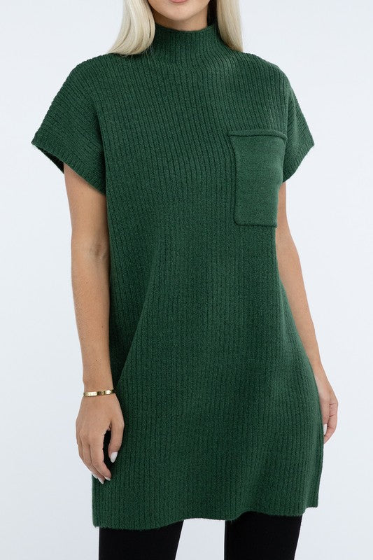 ZENANA Mock Neck Short Sleeve Sweater Dress with Pocket us.meeeshop - 