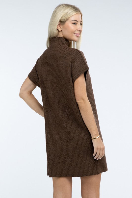 ZENANA Mock Neck Short Sleeve Sweater Dress with Pocket us.meeeshop - 