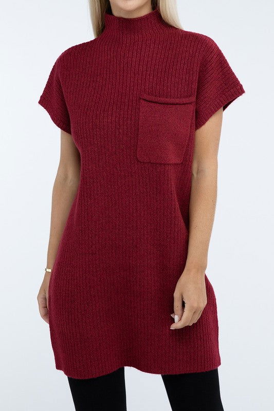 ZENANA Mock Neck Short Sleeve Sweater Dress with Pocket us.meeeshop - 