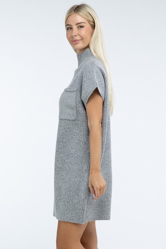 ZENANA Mock Neck Short Sleeve Sweater Dress with Pocket us.meeeshop - 