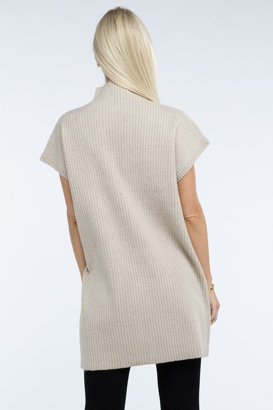 ZENANA Mock Neck Short Sleeve Sweater Dress with Pocket us.meeeshop - 