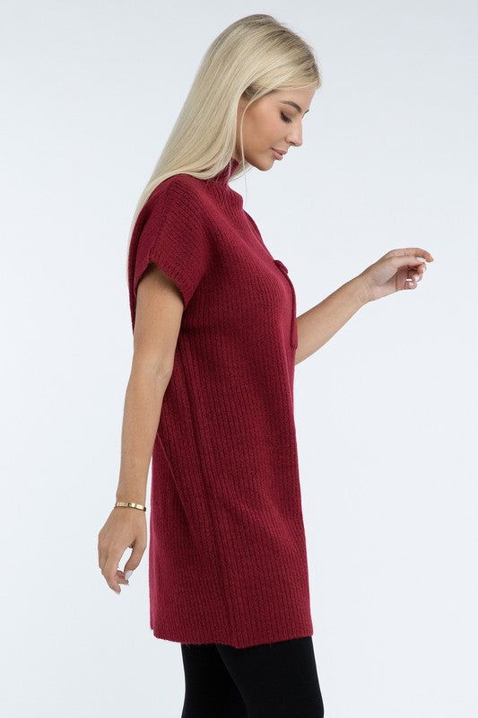 ZENANA Mock Neck Short Sleeve Sweater Dress with Pocket us.meeeshop - 