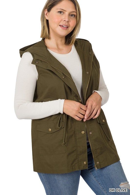 ZENANA | PLUS Drawstring Waist Military Hoodie Vest us.meeeshop - Vests