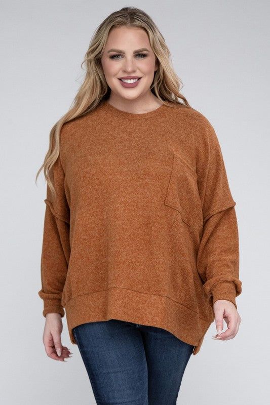 ZENANA Plus Brushed Melange Drop Shoulder Sweater us.meeeshop - Shirts & Tops