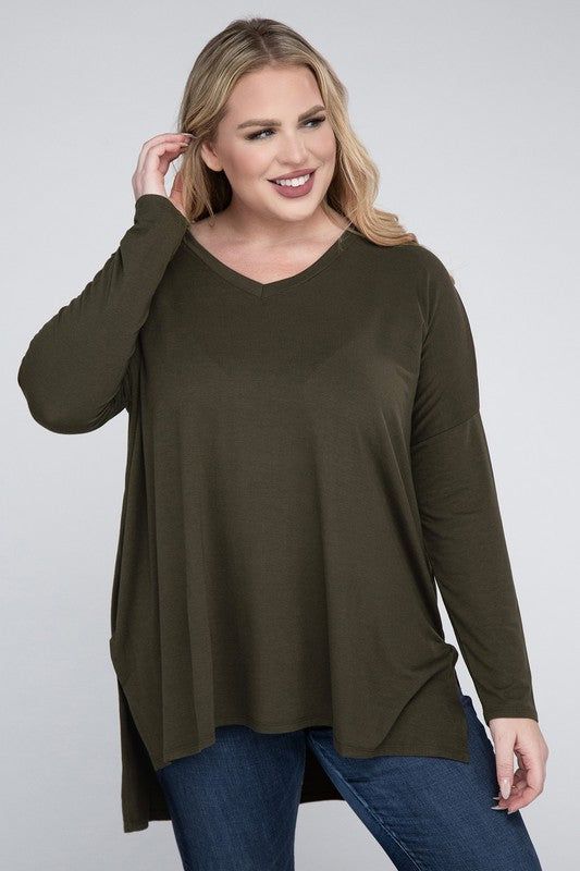 ZENANA Plus Dolman Sleeve V-Neck Side Slit Hi-Low Hem Top us.meeeshop - Shirts & Tops