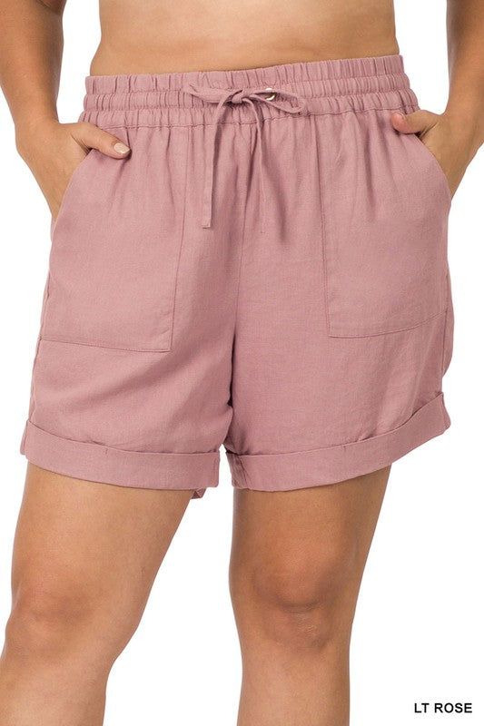 ZENANA | Plus Linen Drawstring Waist Shorts With Pockets us.meeeshop - 