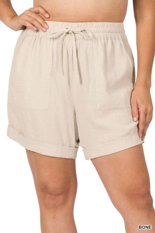 ZENANA | Plus Linen Drawstring Waist Shorts With Pockets us.meeeshop - 