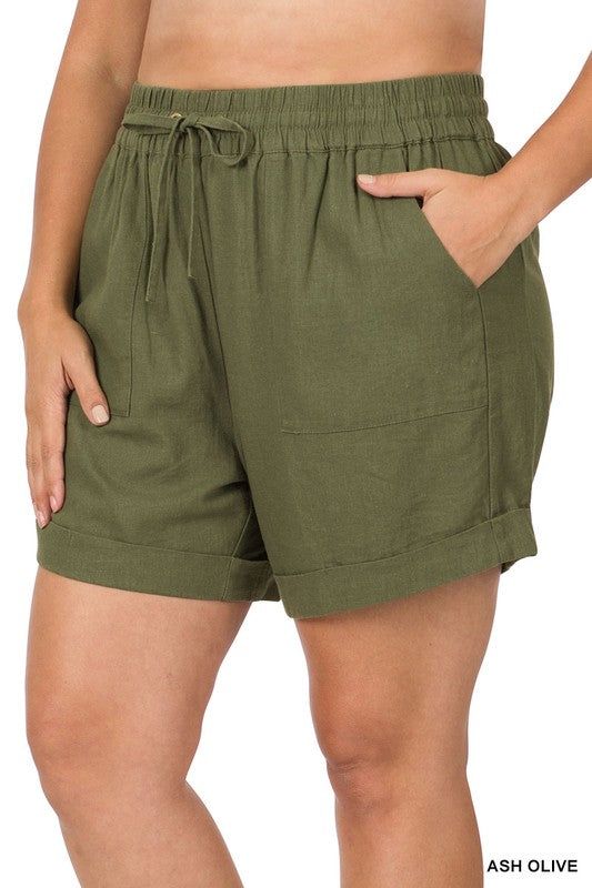 ZENANA | Plus Linen Drawstring Waist Shorts With Pockets us.meeeshop - 