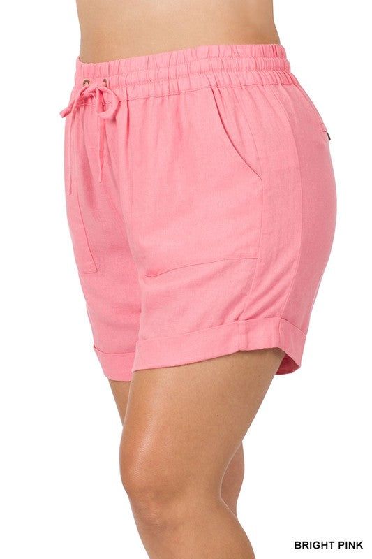 ZENANA | Plus Linen Drawstring Waist Shorts With Pockets us.meeeshop - 