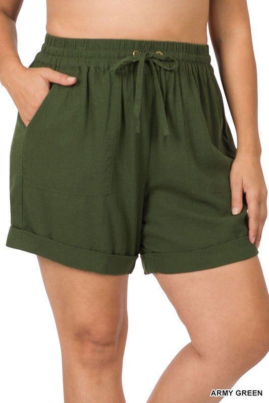 ZENANA | Plus Linen Drawstring Waist Shorts With Pockets us.meeeshop - 