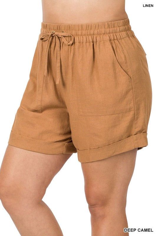 ZENANA | Plus Linen Drawstring Waist Shorts With Pockets us.meeeshop - 