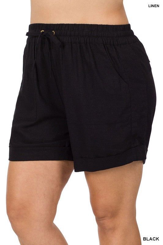 ZENANA | Plus Linen Drawstring Waist Shorts With Pockets us.meeeshop - 