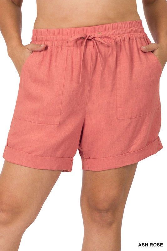 ZENANA | Plus Linen Drawstring Waist Shorts With Pockets us.meeeshop - Shorts