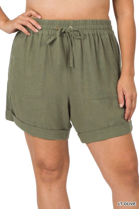 ZENANA | Plus Linen Drawstring Waist Shorts With Pockets us.meeeshop - 