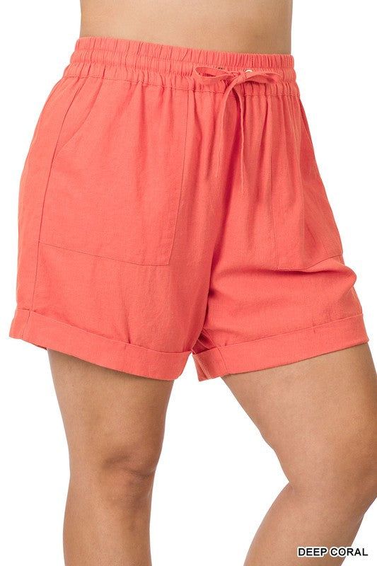 ZENANA | Plus Linen Drawstring Waist Shorts With Pockets us.meeeshop - 