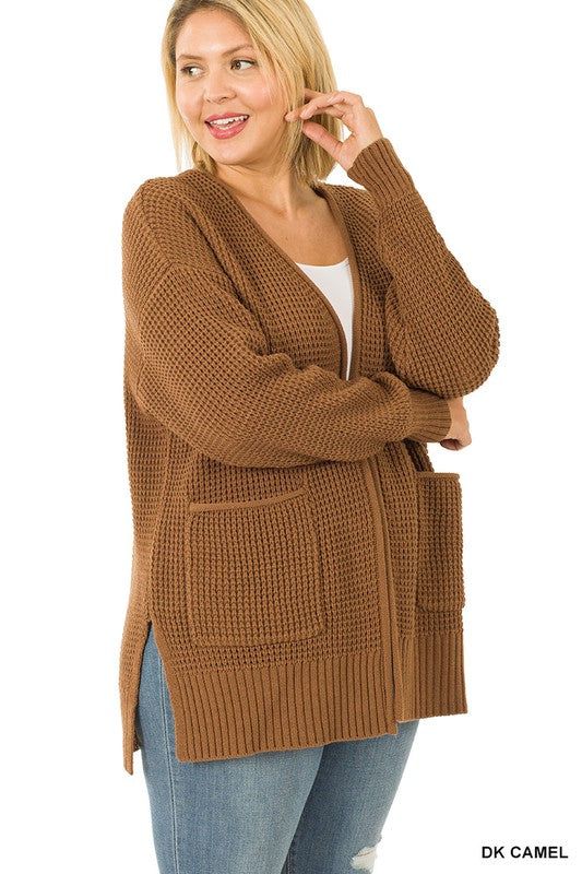 ZENANA Plus Low Gauge Waffle Open Cardigan Sweater us.meeeshop - Shirts & Tops