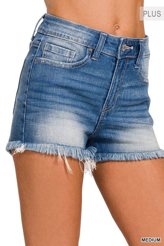 ZENANA Plus Mid Rise Raw Frayed Hem Denim Shorts us.meeeshop - Shorts