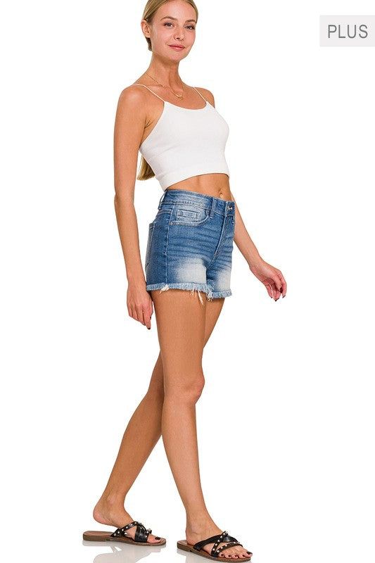 ZENANA Plus Mid Rise Raw Frayed Hem Denim Shorts us.meeeshop - 