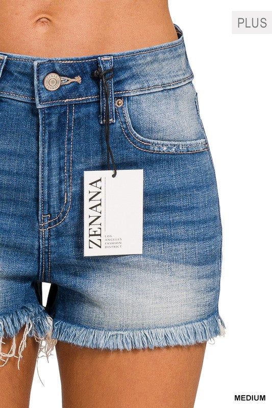 ZENANA Plus Mid Rise Raw Frayed Hem Denim Shorts us.meeeshop - 