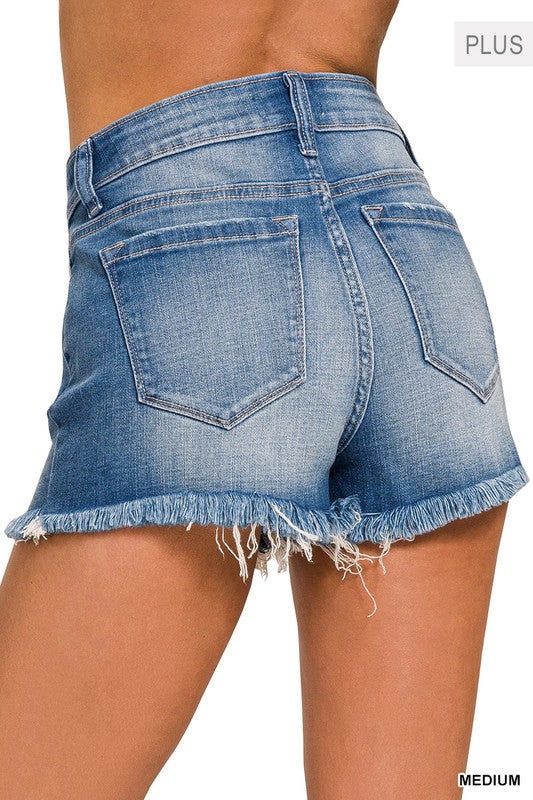 ZENANA Plus Mid Rise Raw Frayed Hem Denim Shorts us.meeeshop - 