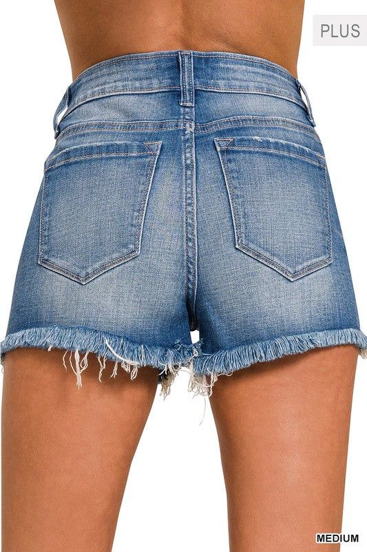 ZENANA Plus Mid Rise Raw Frayed Hem Denim Shorts us.meeeshop - 