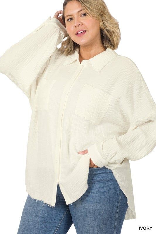 ZENANA | Plus Oversized Raw Edge Shirt us.meeeshop - 