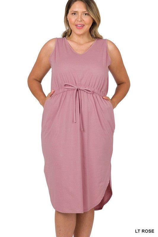 ZENANA | Plus Poly Cotton Drawstring Waist Curved Hem Dress us.meeeshop - 