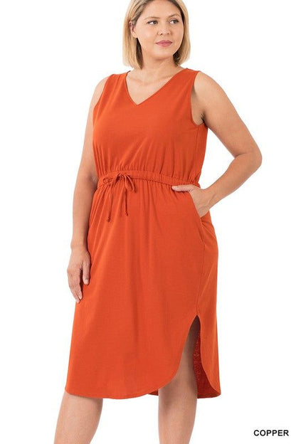 ZENANA | Plus Poly Cotton Drawstring Waist Curved Hem Dress us.meeeshop - 