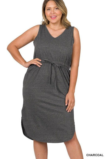 ZENANA | Plus Poly Cotton Drawstring Waist Curved Hem Dress us.meeeshop - 